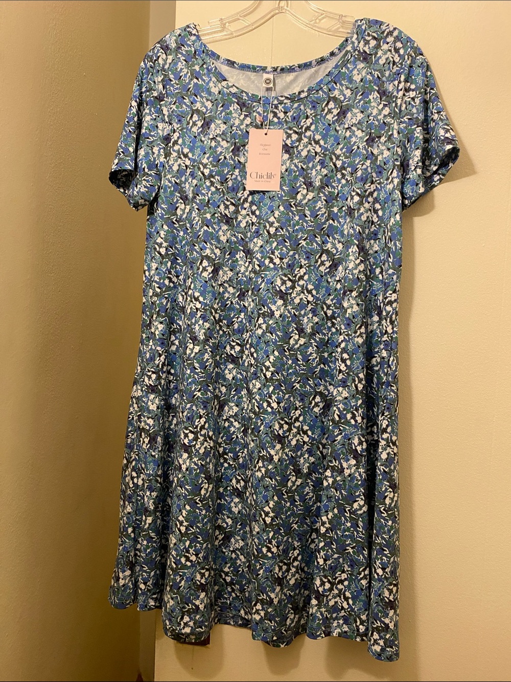 Chiclily Blue Floral Short-Sleeve Flair Dress